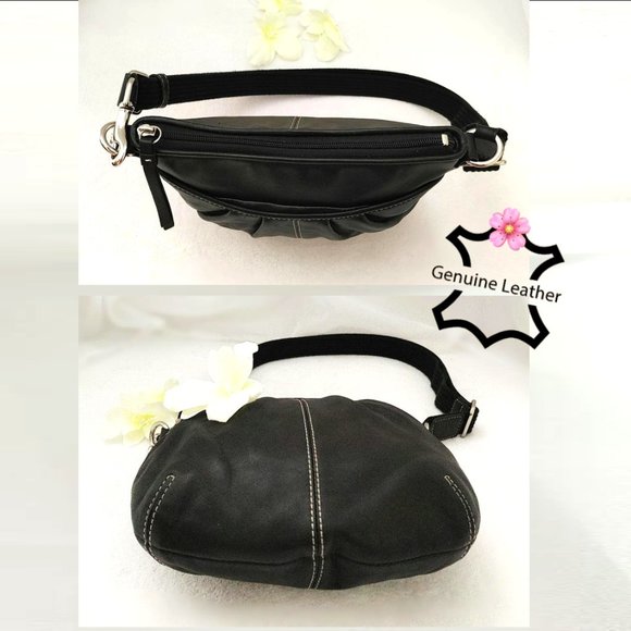 Genuine Leather Black Small Purse Shoulder Crossbody Bag Pleated White Stitched - Picture 6 of 10